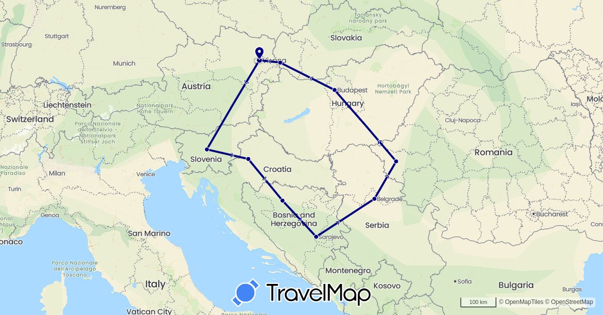 TravelMap itinerary: driving in Austria, Bosnia and Herzegovina, Croatia, Hungary, Romania, Serbia, Slovenia, Slovakia (Europe)